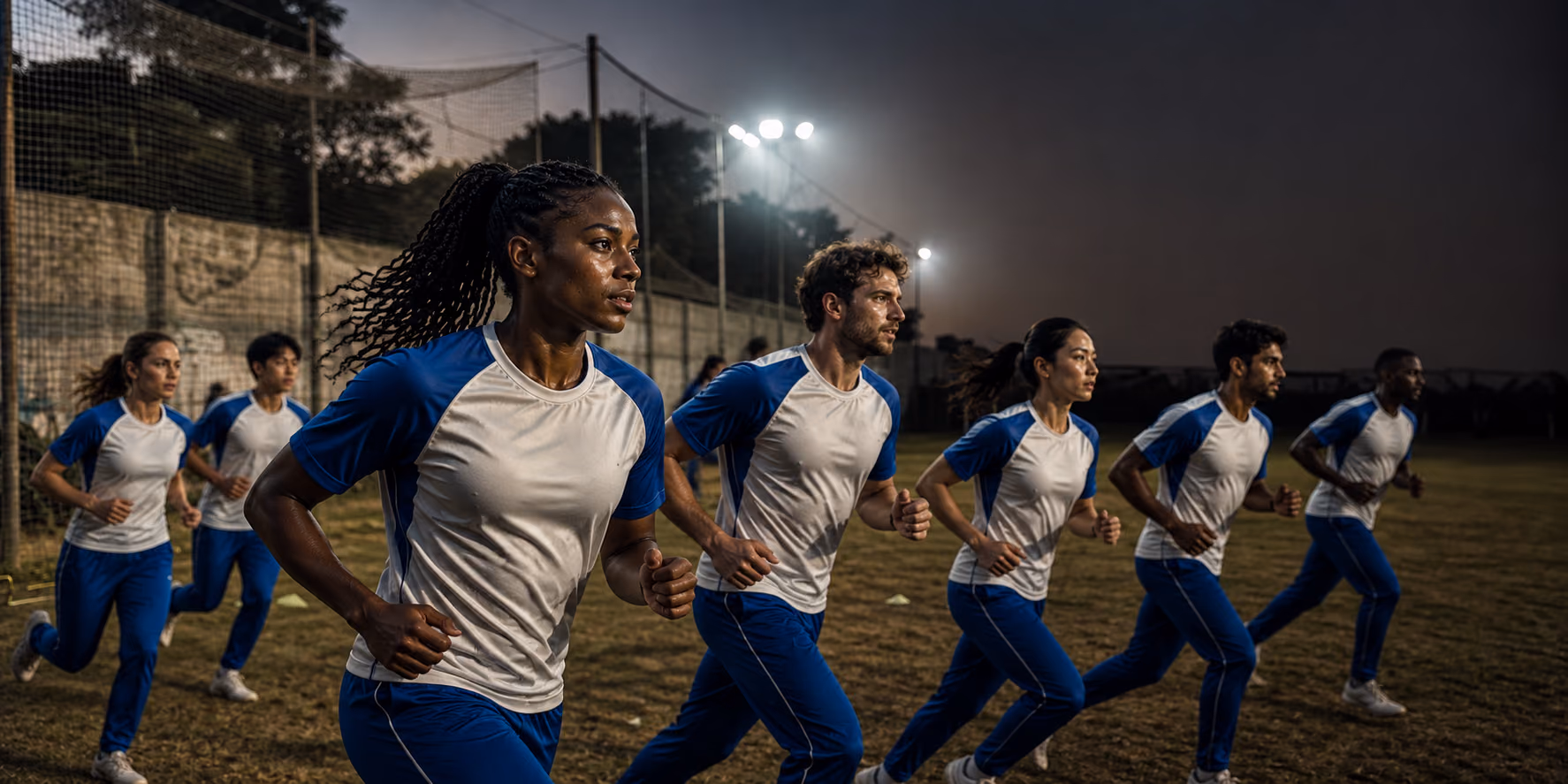 Adult teammates training in custom blue and bone jerseys