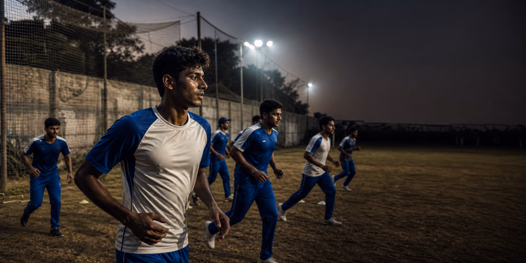 Indian academy athletes training in custom blue and bone jerseys