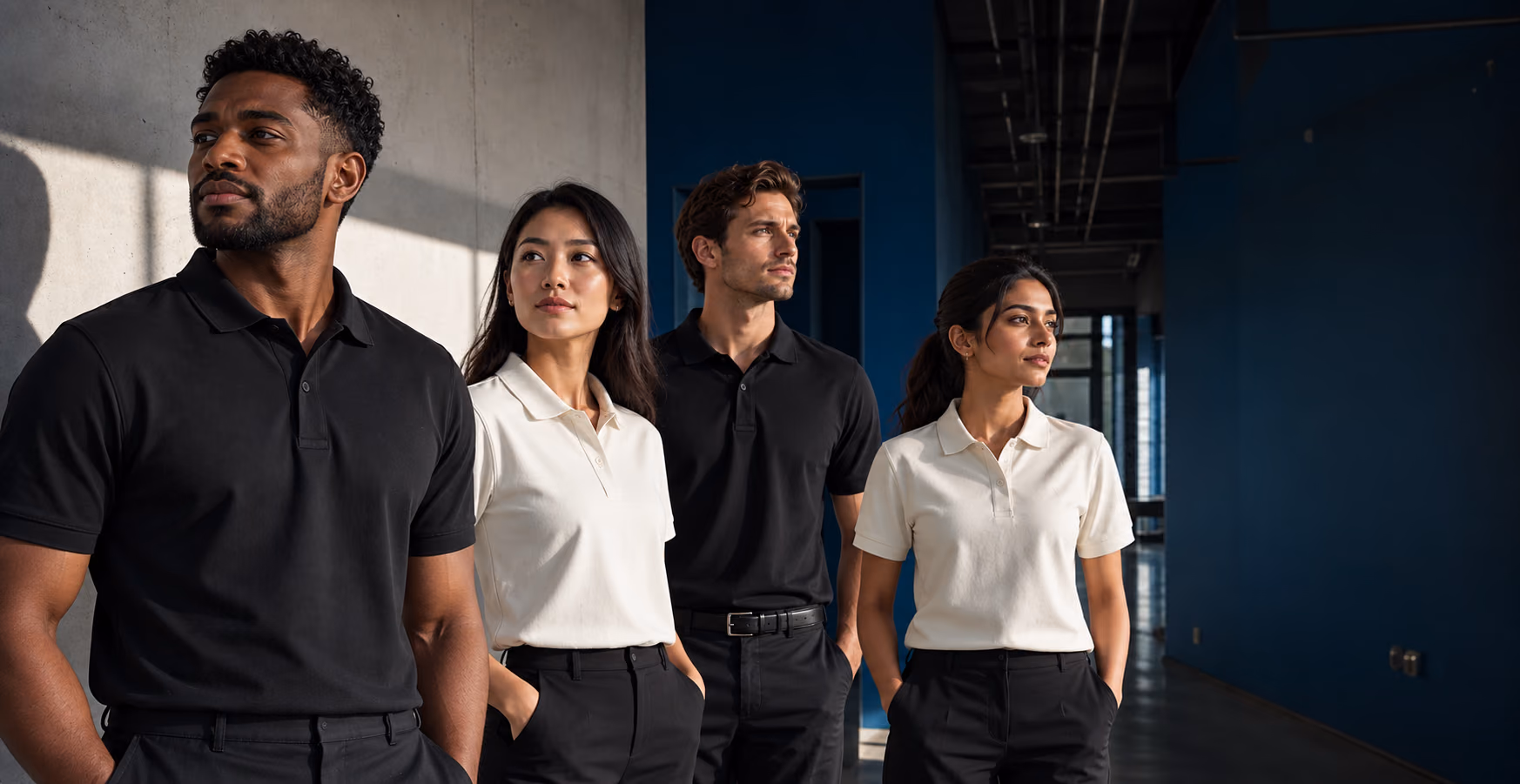 Professionals wearing premium black and bone ZIZO polo teamwear