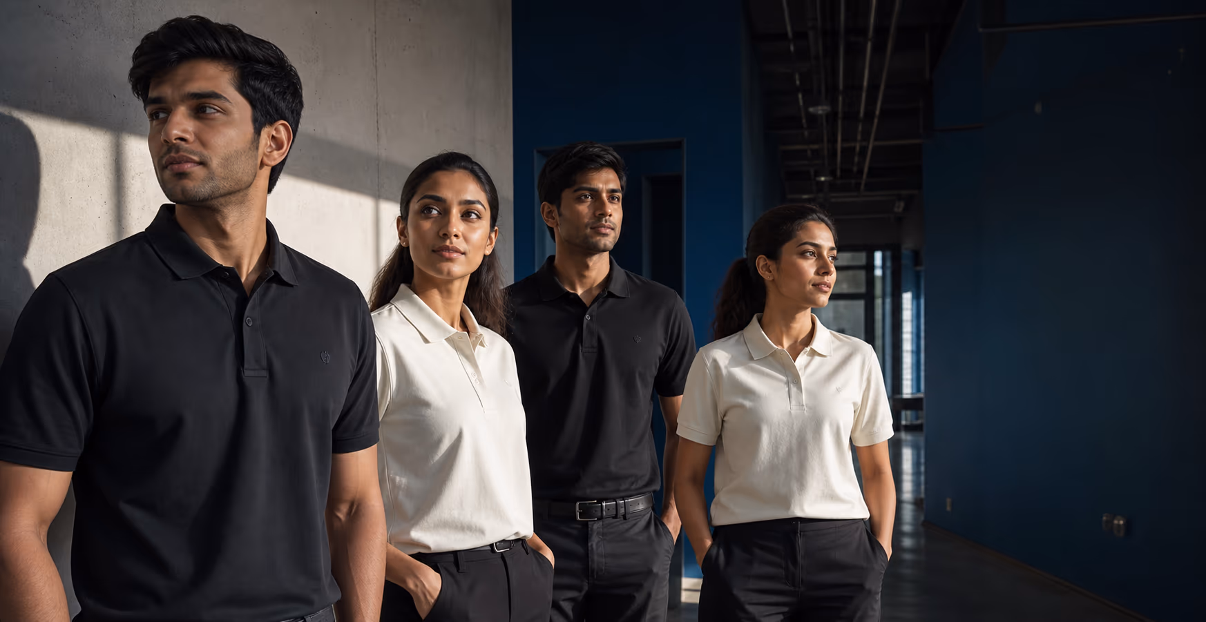 Indian professionals wearing premium black and bone ZIZO polo teamwear