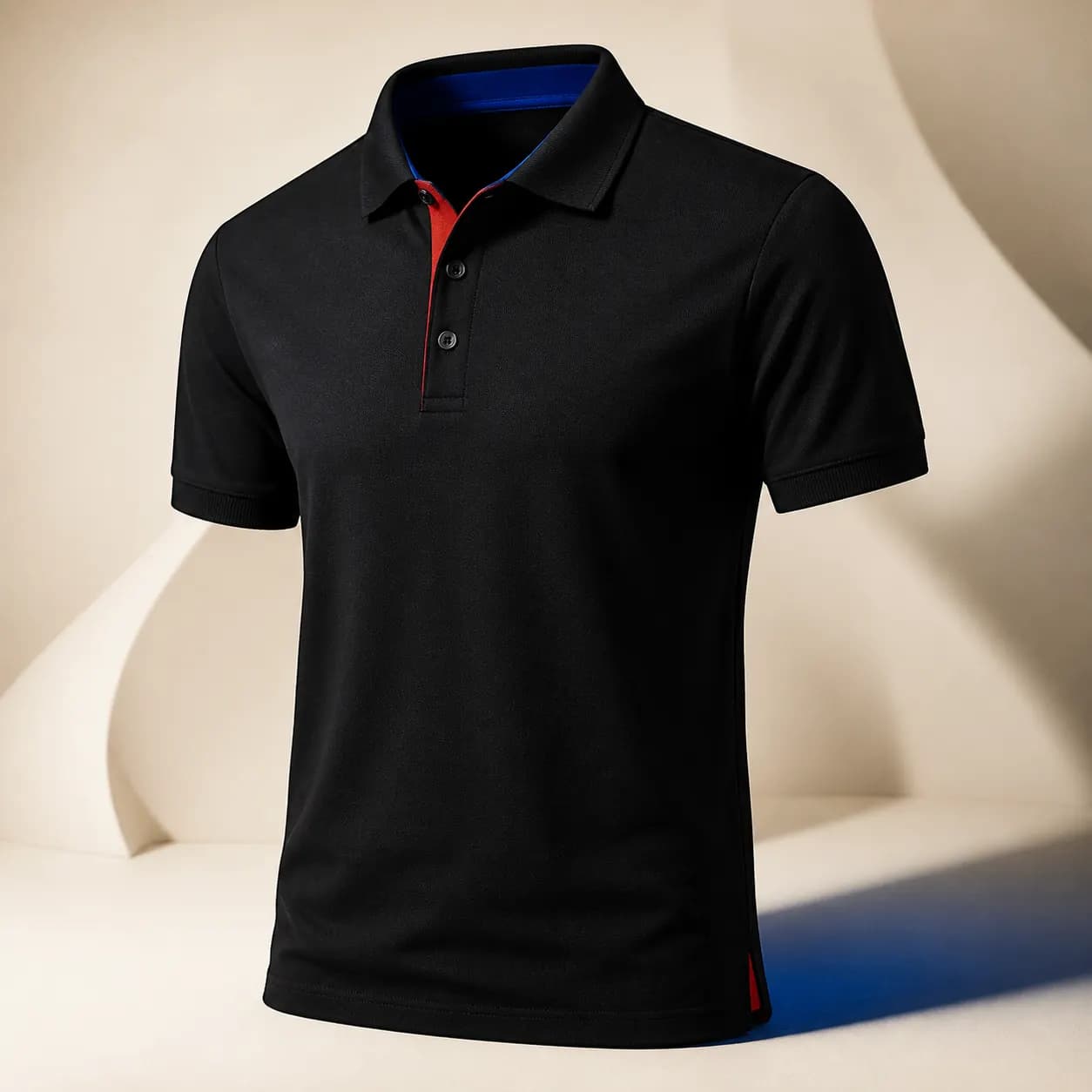 Black ready-made pique polo with cobalt and red detailing