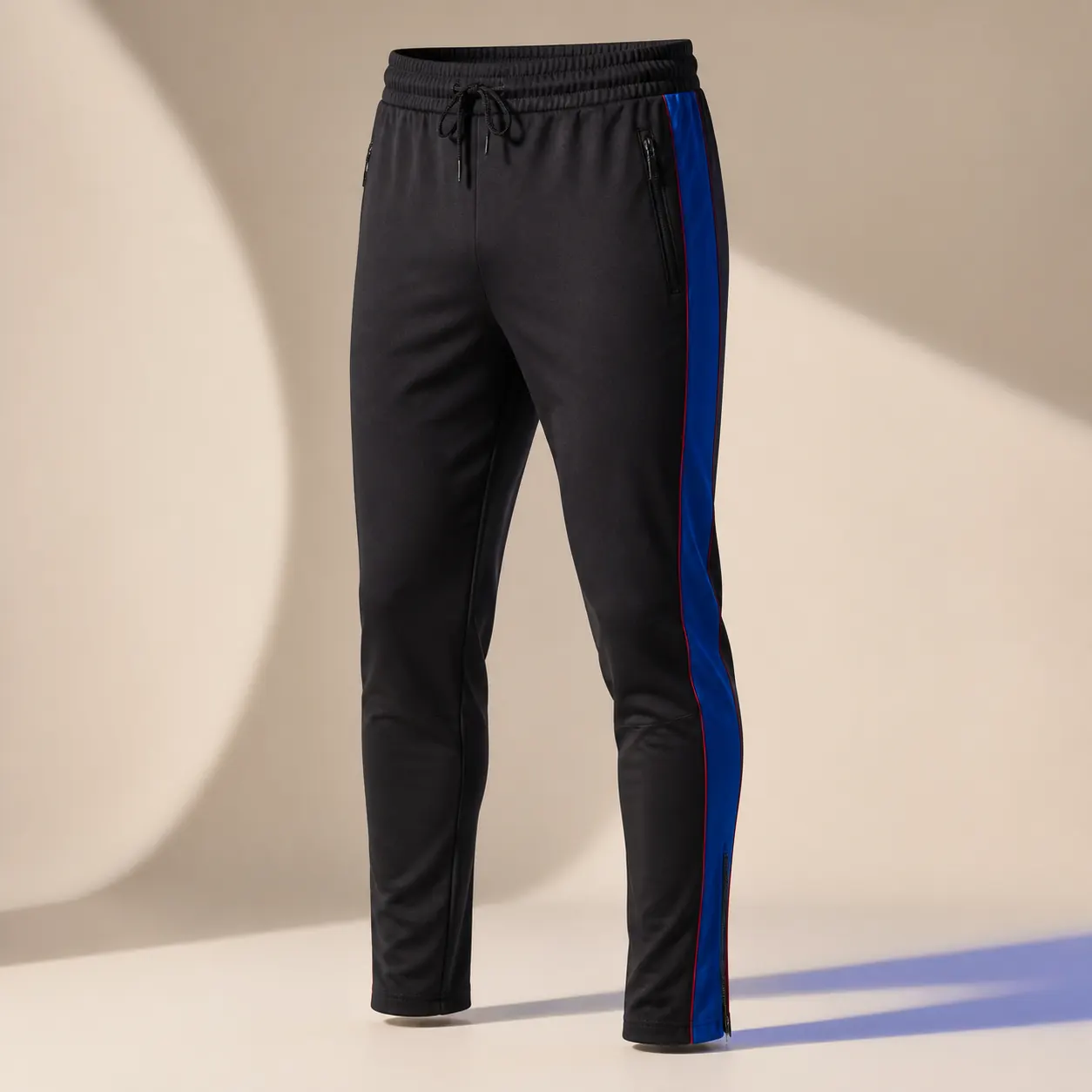 Black ready-made track pants with cobalt side panels