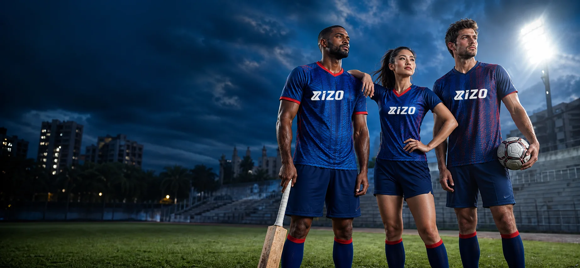 Athletes wearing custom cobalt team kits under stadium lights